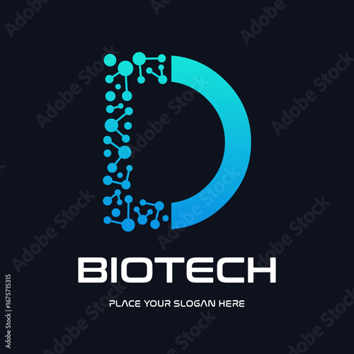 A modern and futuristic logo design for biotech and technology companies, featuring a stylized letter "D" with an abstract molecule or DNA structure. The design uses a dynamic blue gradient, symbolizi