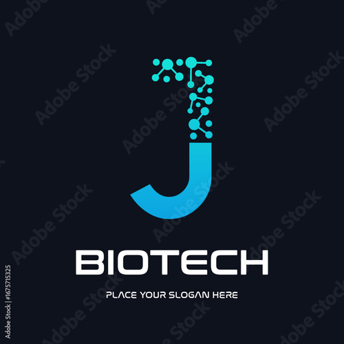 A modern and futuristic logo design for biotech and technology companies, featuring a stylized letter "J" with an abstract molecule or DNA structure. The design uses a dynamic blue gradient, symbolizi