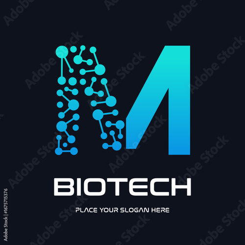 A modern and futuristic logo design for biotech and technology companies, featuring a stylized letter "M" with an abstract molecule or DNA structure. The design uses a dynamic blue gradient, symbolizi