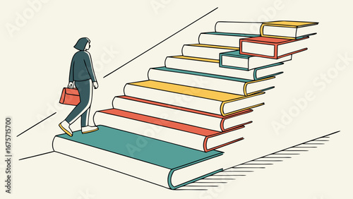 Person climbing stairs made of books symbolizing education and career growth