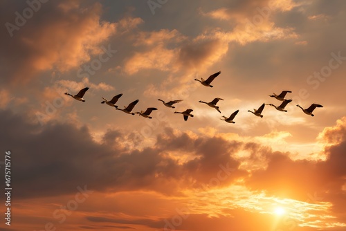 Geese flying across sunset sky.