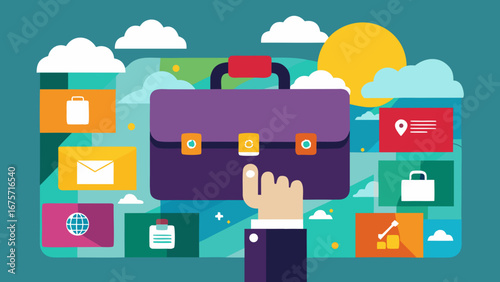 Business briefcase with various icons and a hand reaching out