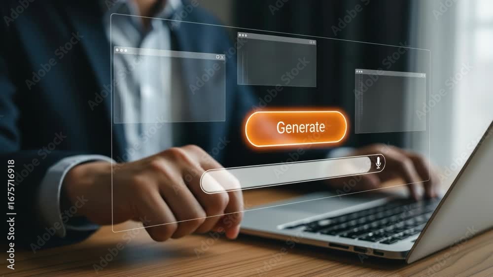 A businessman with laptop using digital interface and search bar, pressing glowing generate button to showcase modern technology, artificial intelligence, and innovation futuristic workspace