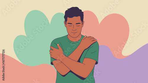 Illustration of person hugging themselves with pastel abstract background, symbolizing self-care, emotional healing, and inner peace