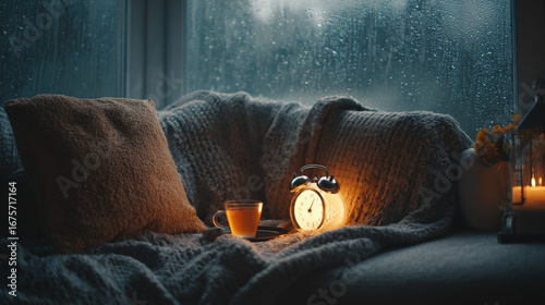 Wallpaper Mural Rainy night living room with tea and cozy lighting reflects emotional calm and bedtime comfort through a soothing indoor nighttime environment Torontodigital.ca