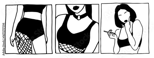 Minimalist vector illustration in bold black and white tattoo style, depicting a woman in modern fashion—bodysuit, choker, fishnet tights. Grunge and Y2K aesthetics.