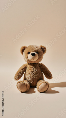 A cute plush teddy bear sits alone on a cream backdrop, soft fur and classic look evoke feelings of childhood comfort