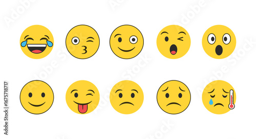A colorful collection of ten expressive emoji faces showcasing a wide range of emotions and feelings