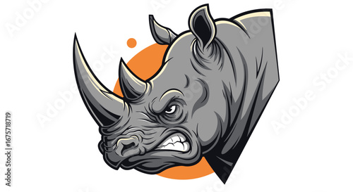 Aggressive rhino head illustration art with orange circle behind wild animal portrait