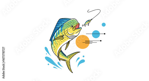 Vibrant mahi mahi leaping from water capturing bait exciting fishing adventure artwork