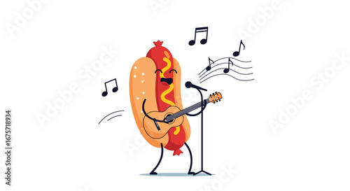 Charming cartoon hot dog character rocks out on guitar singing with joyful musical notes floating around