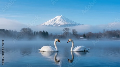 Fototapeta Naklejka Na Ścianę i Meble -  Two swans gracefully floating on a serene lake with a snow-capped mountain in the background under a clear blue sky.