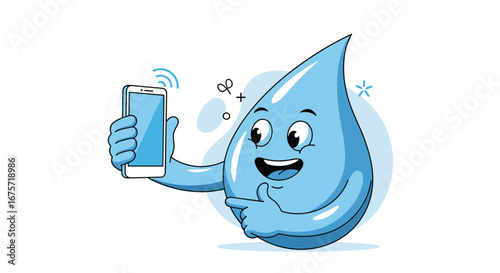 Fun water drop character takes a selfie on a smartphone showing a thumbs up gesture illustration