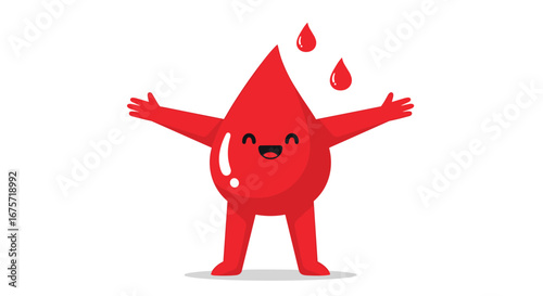 Happy blood drop character with open arms illustration ready to donate blood and save lives