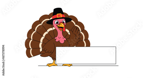 A cheerful pilgrim turkey holding a blank sign for your thanksgiving messages and greetings