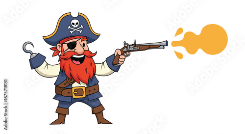 Animated jolly pirate firing a flintlock pistol with a red beard and eye patch