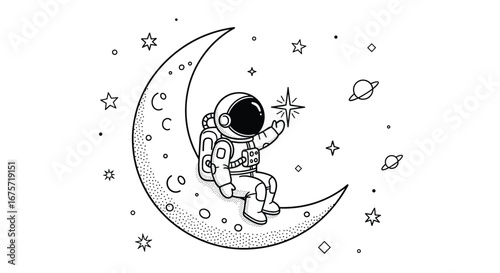 An astronaut sits on a crescent moon surrounded by stars and planets in a whimsical sketch