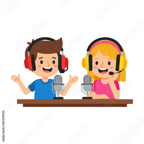 Two people recording interview podcast episode vector illustration