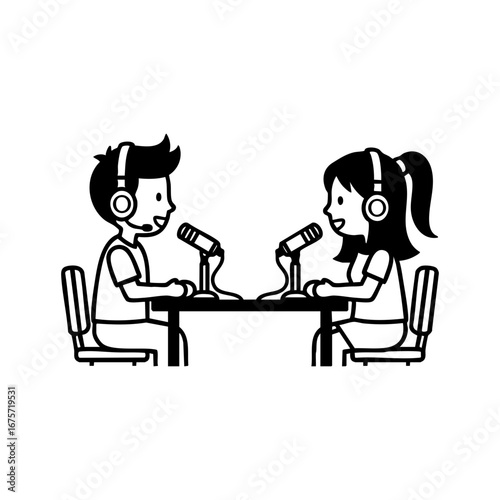 Two people recording interview podcast episode vector illustration