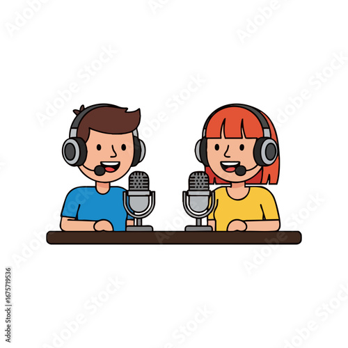 Two people recording interview podcast episode vector illustration