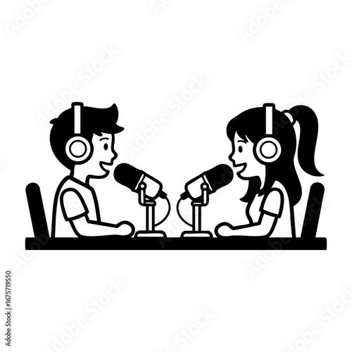Two people recording interview podcast episode vector illustration