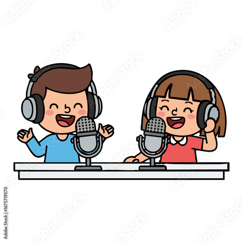 Two people recording interview podcast episode vector illustration