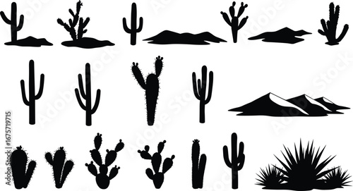 Black desert plant silhouette collection, cactus, saguaro, prickly pear, succulent, western landscape, botanical vector, wild west nature art, clipart, illustration set