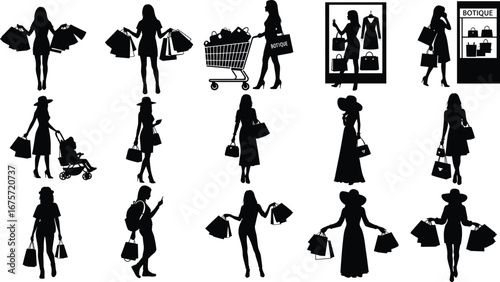 Silhouette women shopping, fashion buyers, boutique customers, retail lifestyle, stylish female shoppers, mall scene, consumer culture, elegant ladies, shopping cart, bags