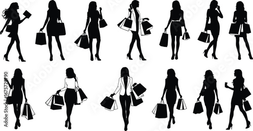 stylish female shoppers, retail lifestyle, trendy outfits, carrying bags, walking poses, modern fashion illustration, consumerism, elegance, style, urban shopping scene