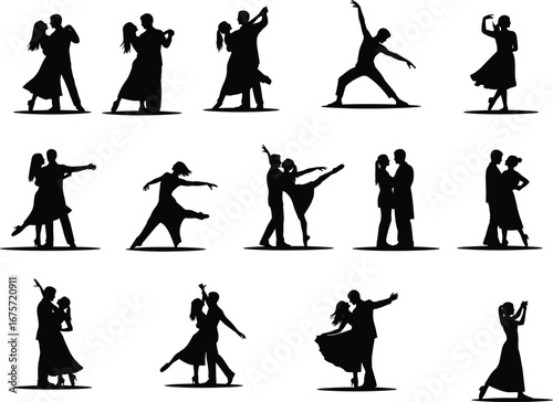 Silhouette dancing couples and solo dancer in various elegant poses, ballroom, tango, waltz, salsa, artistic movement, performance, passion, romance