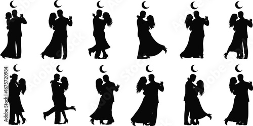 Silhouette couples, romantic dance, crescent moon, ballroom dancing, night romance, artistic pose, love performance, elegant movement, cultural dance, evening celebration,