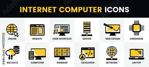 Vector set of computer and internet icons in deep yellow and black editable format
