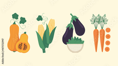 Assortment of Fresh Autumn Vegetables Including Butternut Squash Corn Eggplant And Carrots