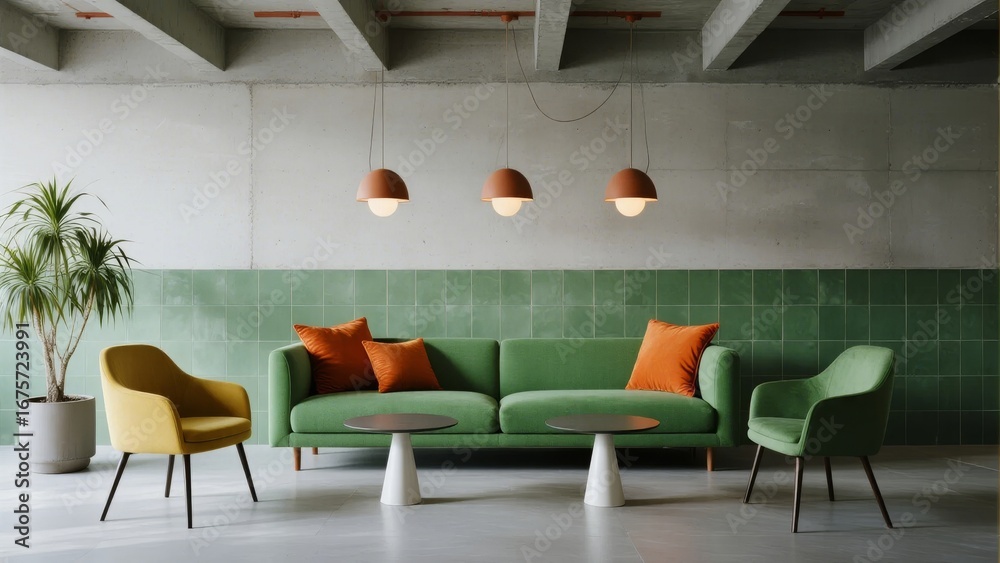 Fototapeta premium Modern living room with green sofa, yellow chairs, and tiled wall