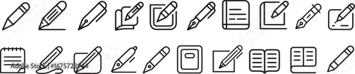 Writing and Editing Line Icons: Pencil, Pen, and Notebook Symbols
