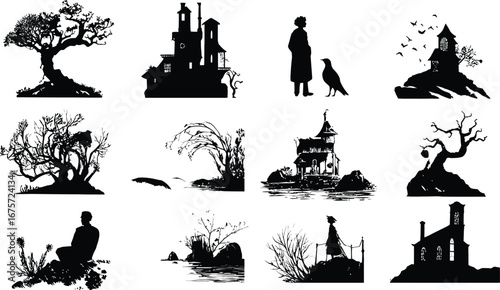 Grid of Twelve Black Silhouette Illustrations in Three Rows, Featuring Gothic and Nature-Inspired Scenes Including Gnarled Trees, Spired Buildings, Solitary Figures, Birds, Rocky Hills, Dense 