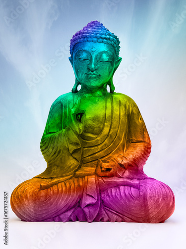 Buddha statue with rainbow chakra colors meditation spiritual