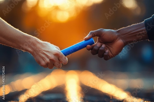 Close-up of two hands passing a blue relay baton during a race with warm glowing background light