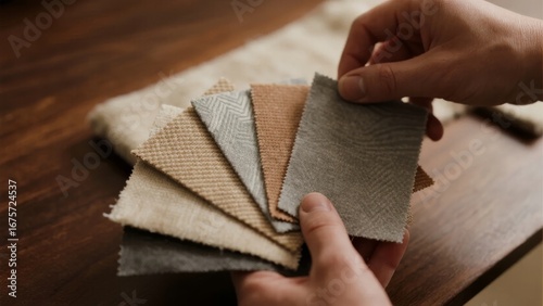 Hands selecting fabric samples from a collection