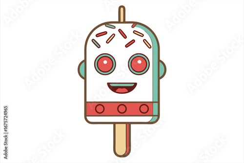Cheerful cartoon robot character on a popsicle stick, ready for summer fun
