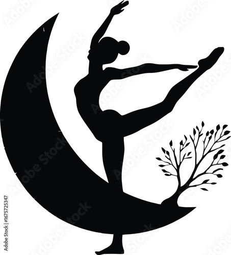 Black Silhouette of Ballerina in Arabesque Pose Balanced on Crescent Moon with Flowing Mane and Bare-Branched Tree Growing from Lower Curve, Depicted in Minimalist Composition to Evoke Elegance, 
