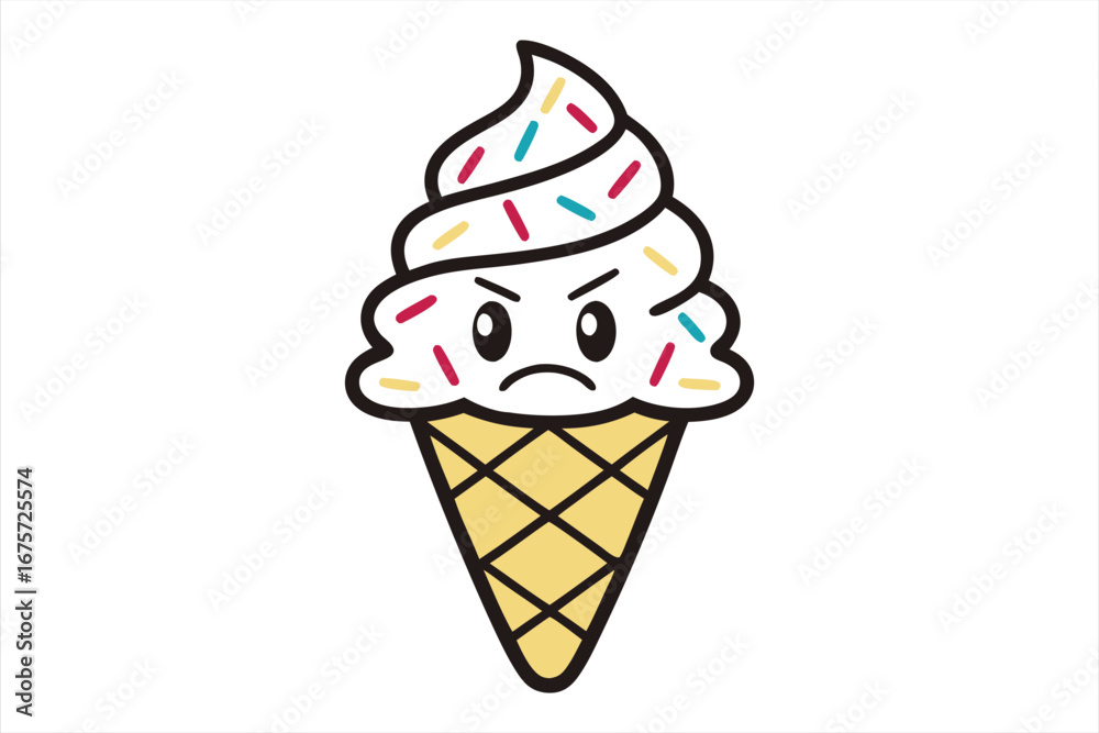 Frowning ice cream cone with sprinkles expresses anger and frustration on a white background Frowning ice cream cone with sprinkles expresses anger and frustration on a white background