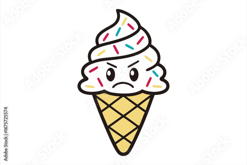 Frowning ice cream cone with sprinkles expresses anger and frustration on a white background