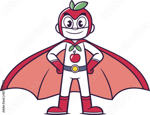 Energetic superhero with an apple for a head stands confidently with cape spread wide, ready for action.
