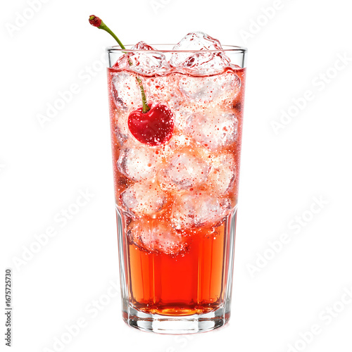 Refreshing Shirley Temple drink in a clear glass with a cherry at the bottom Perfect for summer vibes and fun occasions, isolated