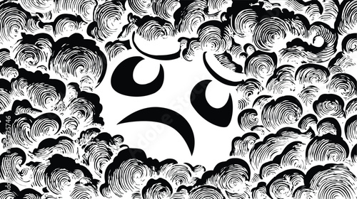 Black and White Stylized Illustration of Expressive Face Surrounded by Swirling Cloud Patterns, Featuring Dramatic Eyebrows, Eyes, and Downturned Mouth in Central White Space, Symbolizing Emotional 