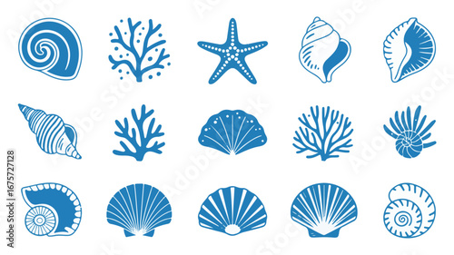 Collection of Blue Marine Life Icons Seashells and Coral on White ocean conch