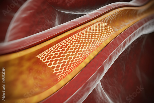 3d medical rendering of artery stent placement procedure showing cardiovascular anatomy blood vessel structure treatment healthcare diagnostic clinic and medical study