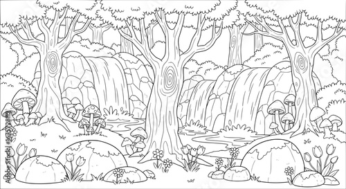 Forest scene with waterfalls and mushrooms with transparent background