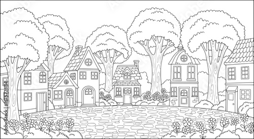 Line art of a neighborhood with trees and houses with transparent background